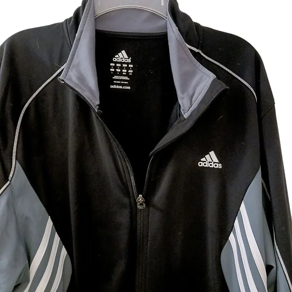 Y2K Adidas Track Jacket Men's Sz L Black GRAY WHITE STRIPES Zipper Retro Vintage